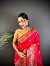 Dista Elora Coral Pink Banarasi Lichi Silk Meenakari Zari Weaving Patola Saree, view 4