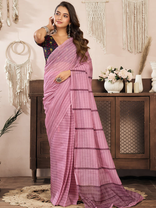 Dista Elora Coral Pink Linen Paisley & Geometric Printed Ready to Wear Saree