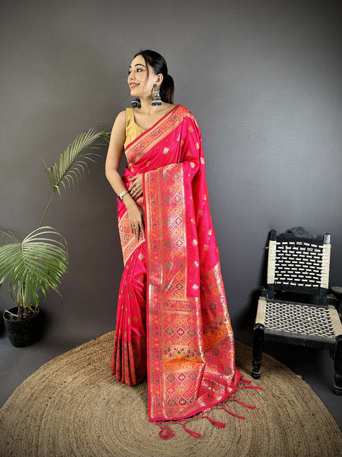Dista Elora Coral Pink Soft Silk Geometric Zari Woven Patola Saree