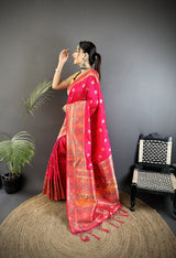 Dista Elora Coral Pink Soft Silk Geometric Zari Woven Patola Saree, view 2