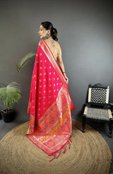 Dista Elora Coral Pink Soft Silk Geometric Zari Woven Patola Saree, view 3