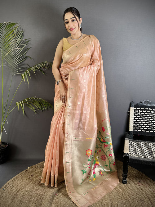 Dista Elora Coral Pink Tissue Parrot & Floral Woven Design Paithani Saree