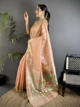 Dista Elora Coral Pink Tissue Parrot & Floral Woven Design Paithani Saree, view 2