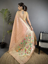 Dista Elora Coral Pink Tissue Parrot & Floral Woven Design Paithani Saree, view 3