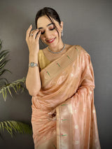 Dista Elora Coral Pink Tissue Parrot & Floral Woven Design Paithani Saree, view 4