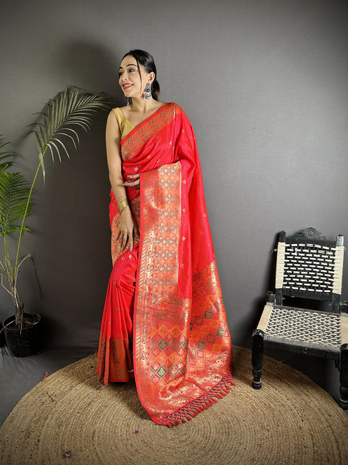 Dista Elora Coral Red Soft Lichi Silk Multicolour Minakari Zari Weaving Patola Saree