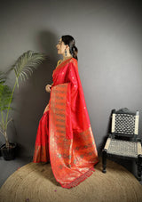 Dista Elora Coral Red Soft Lichi Silk Multicolour Minakari Zari Weaving Patola Saree, view 2