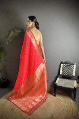 Dista Elora Coral Red Soft Lichi Silk Multicolour Minakari Zari Weaving Patola Saree, view 3