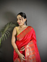 Dista Elora Coral Red Soft Lichi Silk Multicolour Minakari Zari Weaving Patola Saree, view 4