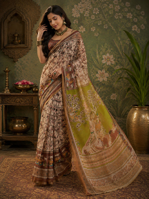 Dista Elora Cream & Brown Linen Kalamkari Digital Print Bollywood Saree