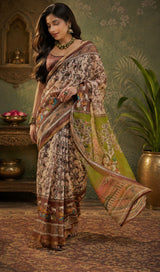 Dista Elora Cream & Brown Linen Kalamkari Digital Print Bollywood Saree, view 2