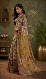 Dista Elora Cream & Brown Linen Kalamkari Digital Print Bollywood Saree, view 3