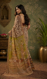 Dista Elora Cream & Brown Linen Kalamkari Digital Print Bollywood Saree, view 4