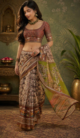 Dista Elora Cream & Brown Linen Kalamkari Digital Print Bollywood Saree, view 5