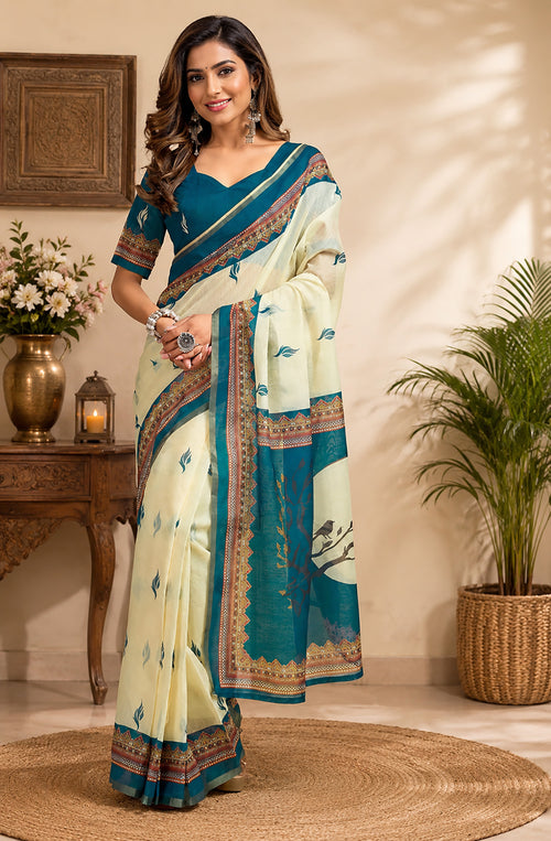 Dista Elora Cream Chanderi Cotton Ajrakh print Printed Ready To Wear Saree
