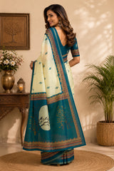 Dista Elora Cream Chanderi Cotton Ajrakh print Printed Ready To Wear Saree, view 3