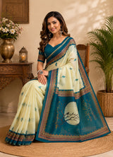 Dista Elora Cream Chanderi Cotton Ajrakh print Printed Ready To Wear Saree, view 4