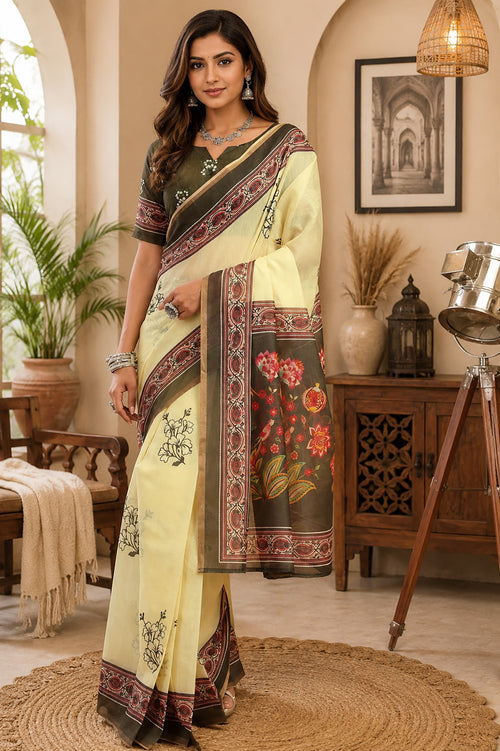 Dista Elora Cream Chanderi Cotton Black Floral Vine Prints Printed Ready To Wear Saree