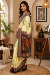 Dista Elora Cream Chanderi Cotton Black Floral Vine Prints Printed Ready To Wear Saree, view 2