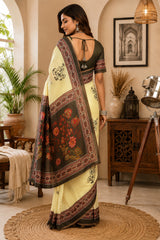 Dista Elora Cream Chanderi Cotton Black Floral Vine Prints Printed Ready To Wear Saree, view 3