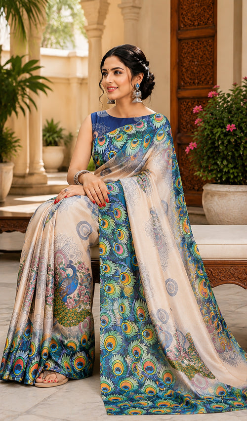 Dista Elora Cream Chanderi Cotton Peacock Feather Pattern Printed Ready To Wear Saree