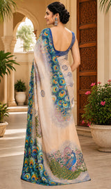 Dista Elora Cream Chanderi Cotton Peacock Feather Pattern Printed Ready To Wear Saree, view 2