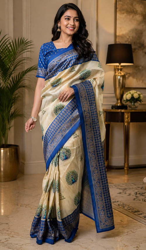 Dista Elora Cream Chanderi Cotton Peacock Motifs Printed Ready To Wear Saree