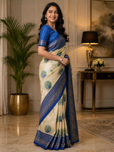 Dista Elora Cream Chanderi Cotton Peacock Motifs Printed Ready To Wear Saree, view 2