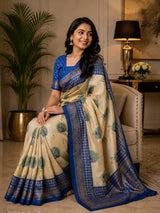 Dista Elora Cream Chanderi Cotton Peacock Motifs Printed Ready To Wear Saree, view 3