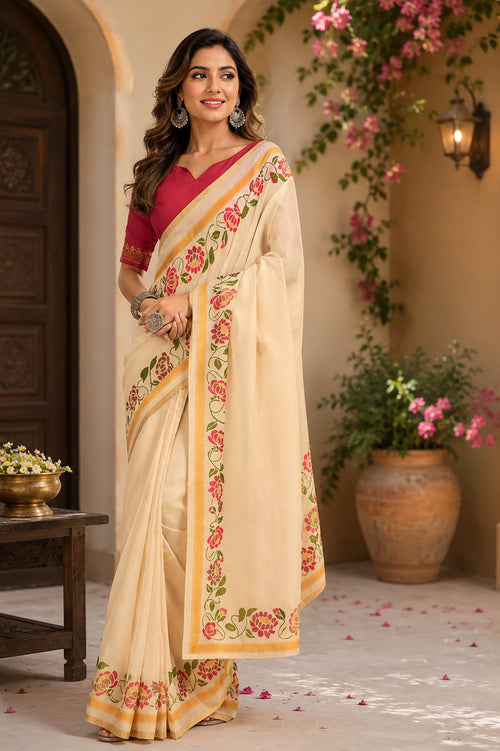 Dista Elora Cream Chanderi Cotton Plain Printed Ready To Wear Saree