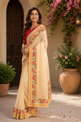 Dista Elora Cream Chanderi Cotton Plain Printed Ready To Wear Saree, view 2