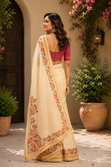 Dista Elora Cream Chanderi Cotton Plain Printed Ready To Wear Saree, view 3