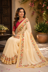 Dista Elora Cream Chanderi Cotton Plain Printed Ready To Wear Saree, view 4