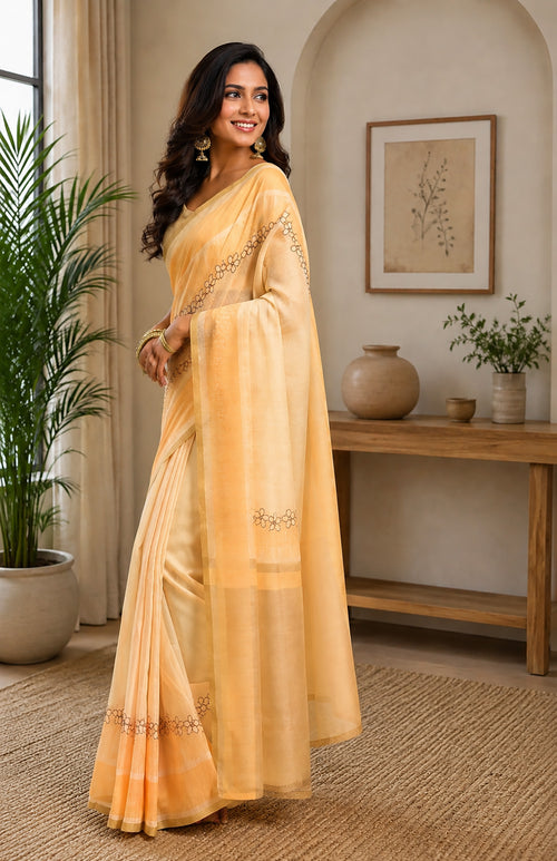 Dista Elora Cream Chanderi Cotton Plain Printed Ready To Wear Saree