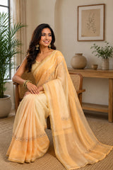 Dista Elora Cream Chanderi Cotton Plain Printed Ready To Wear Saree, view 2