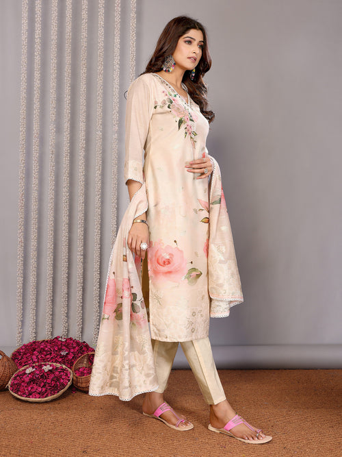 Dista Elora Cream Chanderi Floral Printed Straight V Neckline Kurta Set