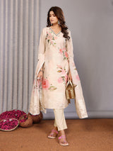 Dista Elora Cream Chanderi Floral Printed Straight V Neckline Kurta Set, view 2