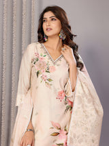 Dista Elora Cream Chanderi Floral Printed Straight V Neckline Kurta Set, view 3