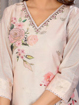 Dista Elora Cream Chanderi Floral Printed Straight V Neckline Kurta Set, view 4