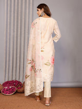 Dista Elora Cream Chanderi Floral Printed Straight V Neckline Kurta Set, view 5