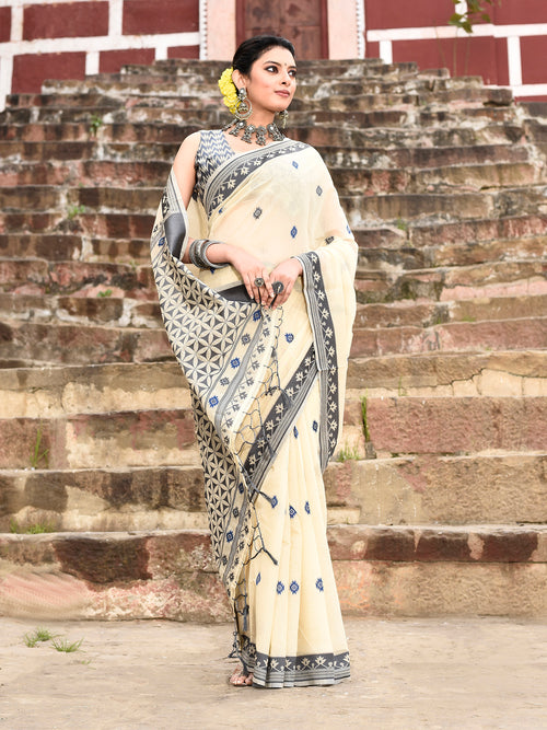 Dista Elora Cream Cotton Butti Weave Handloom Wedding Wear Saree