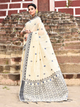 Dista Elora Cream Cotton Butti Weave Handloom Wedding Wear Saree, view 2