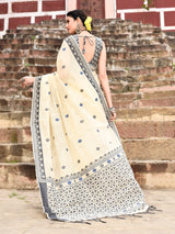 Dista Elora Cream Cotton Butti Weave Handloom Wedding Wear Saree, view 3