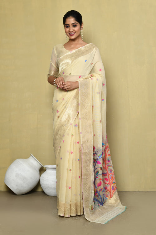 Dista Elora Cream Cotton Floral Embroidered Festive wear Saree