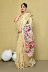 Dista Elora Cream Cotton Floral Embroidered Festive wear Saree, view 2