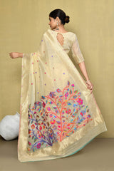 Dista Elora Cream Cotton Floral Embroidered Festive wear Saree, view 3