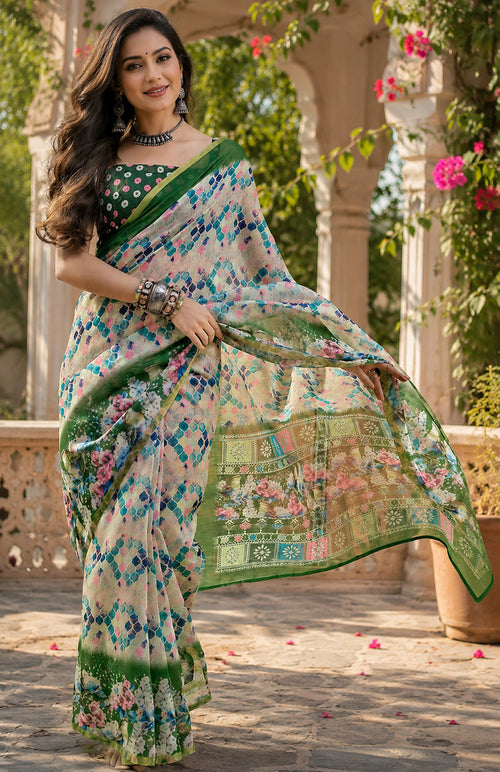 Dista Elora cream & Green Linen Geometric & Abstract Grid Digital Print Bollywood Saree