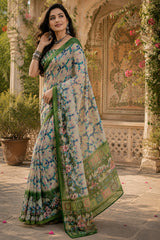 Dista Elora cream & Green Linen Geometric & Abstract Grid Digital Print Bollywood Saree, view 2