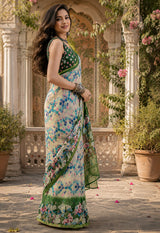 Dista Elora cream & Green Linen Geometric & Abstract Grid Digital Print Bollywood Saree, view 3