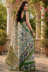 Dista Elora cream & Green Linen Geometric & Abstract Grid Digital Print Bollywood Saree, view 4